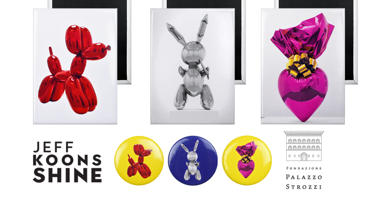 magneti e spille con opere di arte kitsch di Jeff Koons 