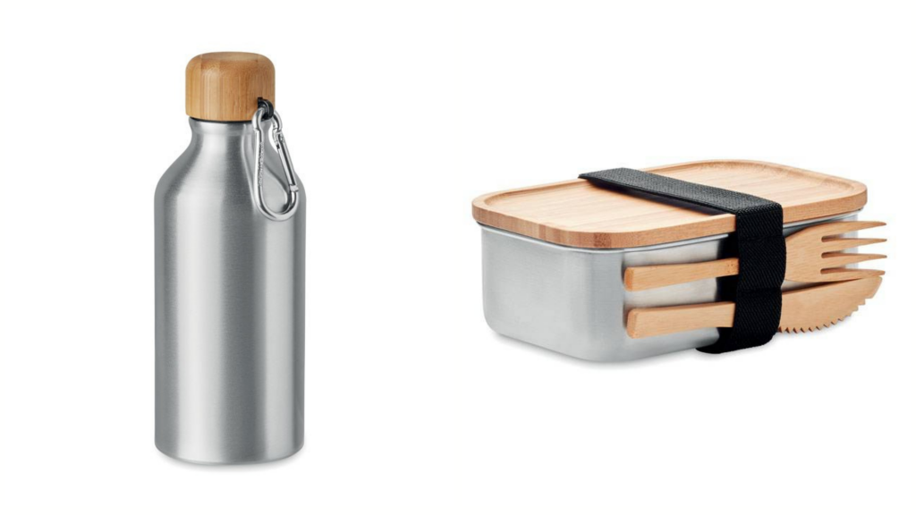 Set con borraccia e lunch-box in acciaio e bamboo, perfetto per spiaggia e ufficio