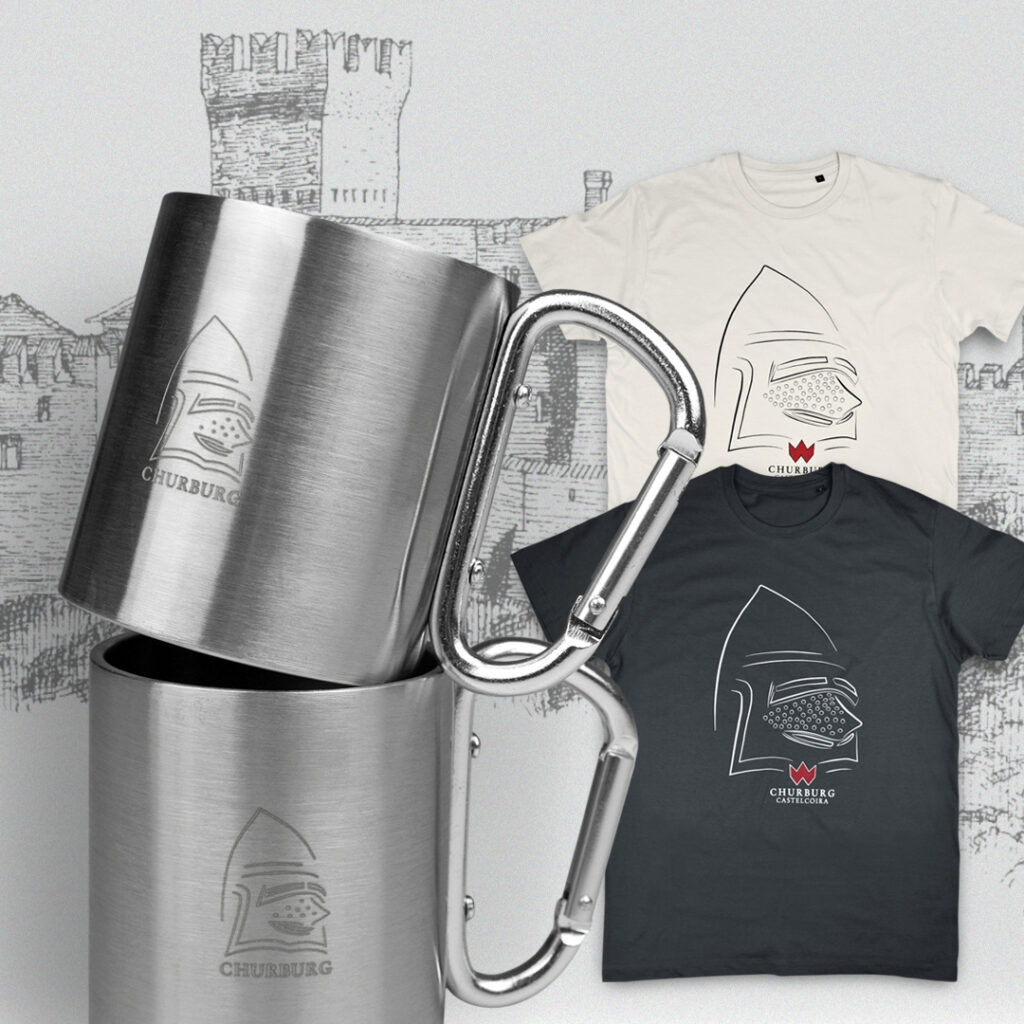 tazze e tshirt personalizzate per Castel Coira, realizzate da Sadesign. Gadget per Castelli.