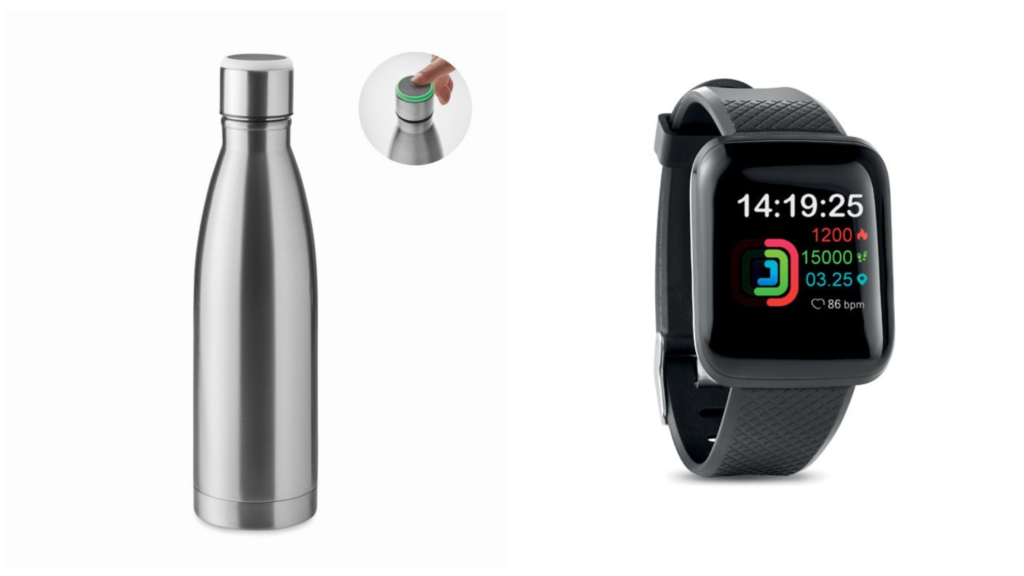 Borraccia con sensore che ti ricorda di bere. Smartwatch per monitorare attività fisica. 